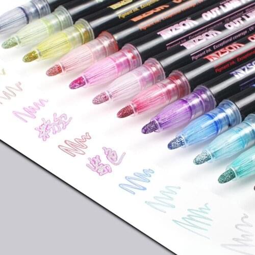 12Colors/set Outline Metallic Markers Double Line Shimmer Paint Pens for Student Kids Art Drawing Signature Journal
