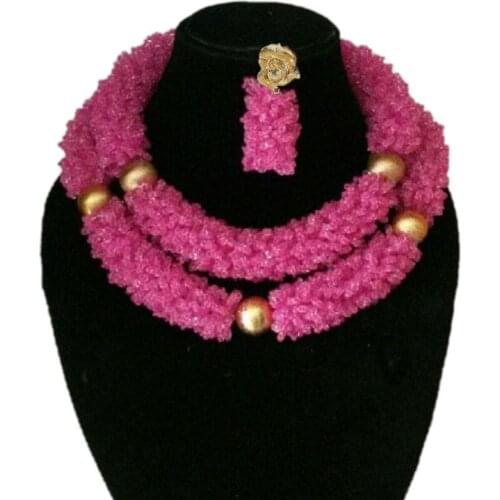4UJewelry Dubai Jewelry Sets Fuchsia and Gold African Style Weddings Beads 2 Rows Big Nigerian Necklace Set Crystal Fashion Set