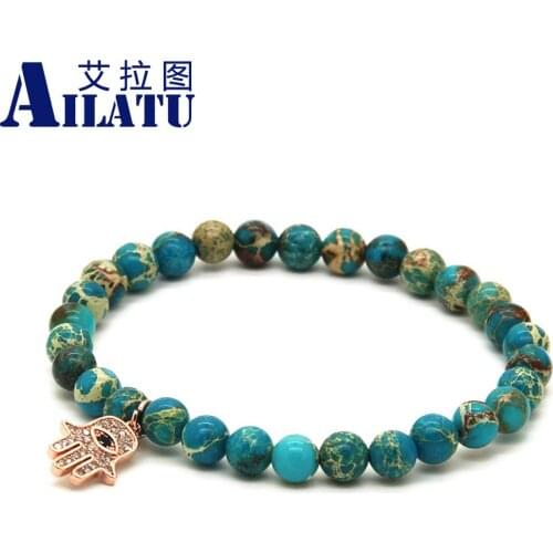 Ailatu Womens Jewelry Micro Inlay Zircons Fatima Hand Hamsa Cz Bracelets with 6mm Light Blue Sea Sediment Imperial Stone
