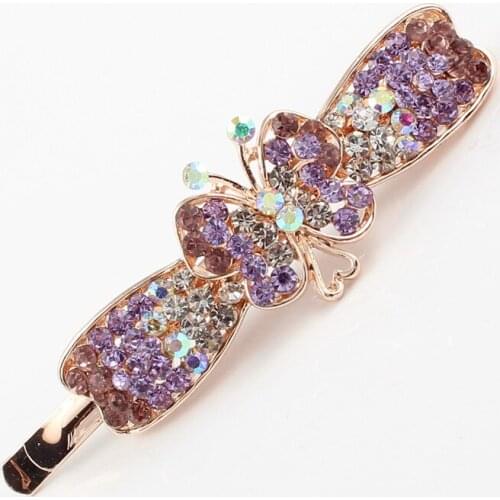 Hair accessories women bow-knot butterfly clear pink purple rhinestones insect brand jewelry golden alloy hair clip 1 piece