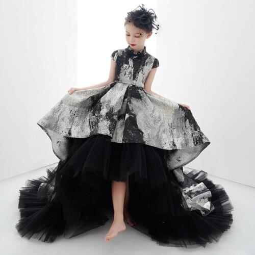 High-end Children Girl Dress Birthday Party Mesh Stitching Trailing Print Gown Kids Pageant Dress For Girls Vestidos L596