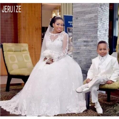 JIERUIZE African Lace Bobo Wedding Dresses O- Neck Illusion Long Sleeves White Ivory Appliques Bridal Dresses vestido de noiva