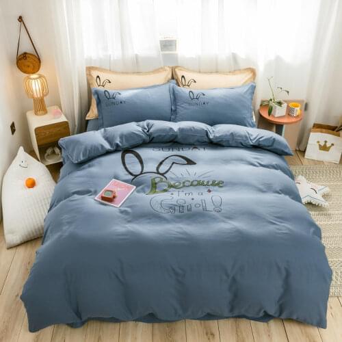 Blue Gray Bedding Sets Washed Cotton Bed Set Long Ears Bedding Solid Color Bed Linen Single/Double Bed Ruffled Edges Sheet