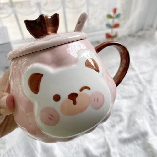 Ins 401-500ml Korean Japanese Style Ceramic Microwavable Mug Bear Crown Cup Cute Cartoon Milk Cup Breakfast Cup Coffee Cup