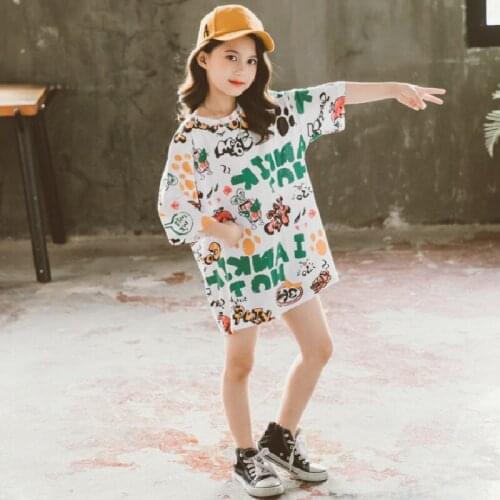 Girls' Dresses for Summer Childrens Clothing of Kids Cartoon Graffiti Printed Cotton T-shirt Dress for Girls Aged 4-12