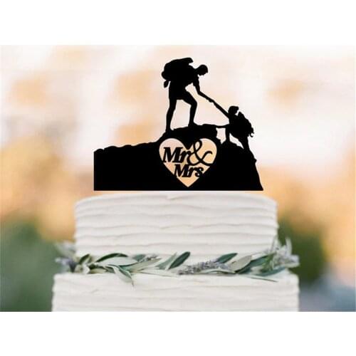 Hiking Couple Wedding cake topper Silhouette groom and bride Acrylic cake topper Heart Mr And Mrs Wedding Cake Topper