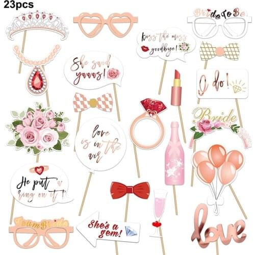 23Pcs Hen Party Photo Booth Props Team Bride Selfie Props Rose Gold Wedding Bridal Shower Hen Night Do Party Game Accessories