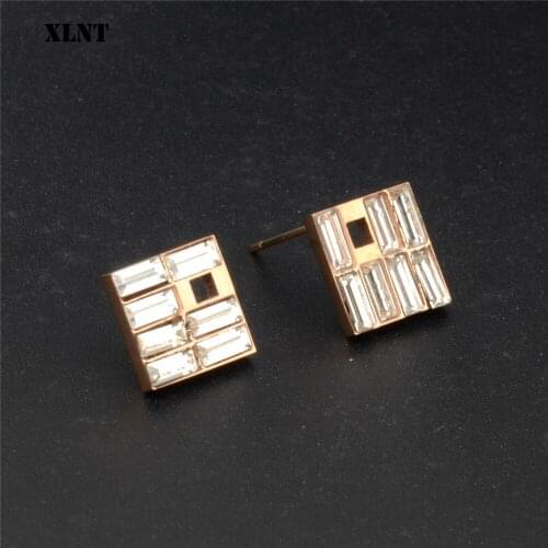 XLNT Brand New Fashion Brincos Wedding Jewelry Stainless Steel Earring Crytal Square Stud Earrings For Women