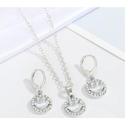 1PC Punk Cute Zircon Hollow Smiley Earrings For Women New Simple Crystal Round Smile Face Necklace Ear Hoops Jewelry Set E740