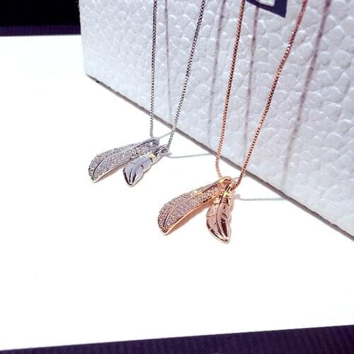 Cute Bling Zircon Stone Feather Pendant Silver Color Long Chain Necklace for Women Fashion Jewelry Statement Choker