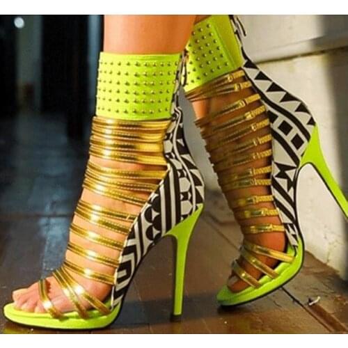 Mixed Color Strappy Sandal High Heels Peep Toe Cut-out Gold Strap Studded Sandals High Platform Cage Shoes Back Zipper Shoes
