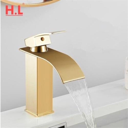 Basin Faucet Gold Waterfall Faucet Mixer Tap Brass Bathroom Faucet Bathroom Basin Faucet Mixer Tap Hot and Cold Sink faucet