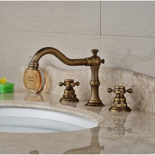Vintage Antique Brass Two Cross Handle Deck-Mount 3 Hole Widespread Bathroom Lavatory Vessel Basin Faucet Sink Mixer Tap dan030