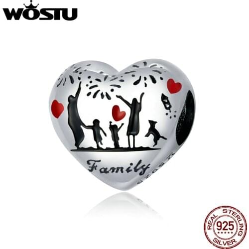 WOSTU Family Charms Real 925 Sterling Silver Heart Bead Pendant Fit Original Bracelet Necklace Thanksgiving Jewelry Gift CQC1634