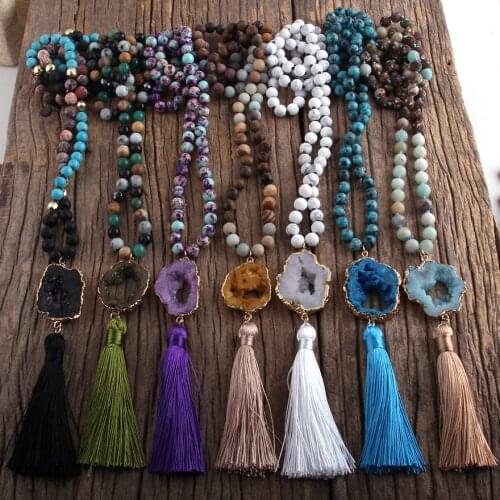 RH Fashion Bohemian Jewelry Stones Knotted Druzy Stone Links Tassel Necklaces For Boho Jewelryes Women Gift Lariat Necklace