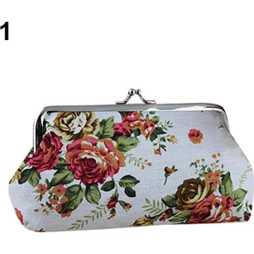 Women Coin Purse Cute Flower Print Ladies Mini Bag Coin Bag Two Metal Button Pocket Coin Pouch Key Credit Card Holder