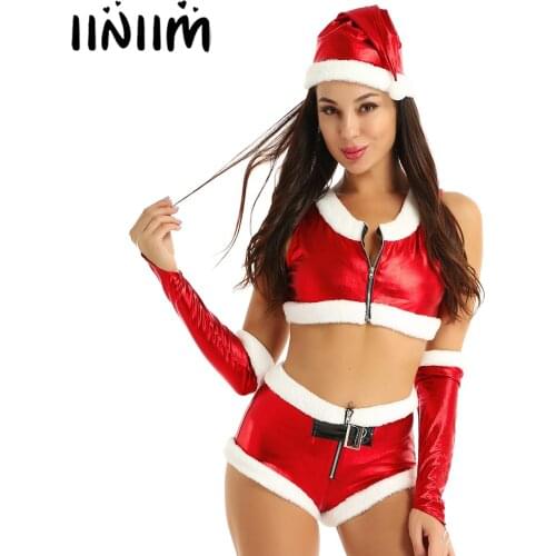 Women Adults Hot Santa Babe Sexy Costume Christmas Fancy Cosplay White Flannel Trimmed Top and Shorts with Hat Fingerless Gloves