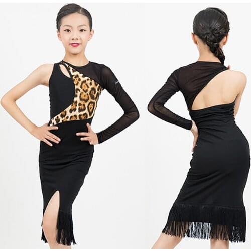 Girls Latin Dance Dress Tassel Latin Dance Costume Leopard Salsa Dresses Ballroom Sumba Competition Clothes Dance Outfit JL1021