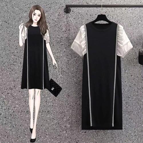 EHQAXIN Summer Autumn O Neck Womens T-Shirt Dress 2021 New Fashion Spliced Knit Shirt Ruffle Sleeve Loose Straight Dress M-4XL
