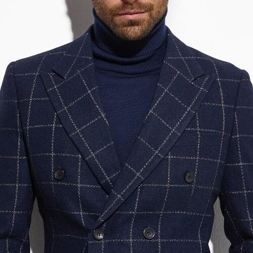 2020 Tweed Jacket Double Breasted Blazer Navy Windowpane Jacket with Wide Peak Lapel Custom Made Warm Slim Wool Blend Blazer