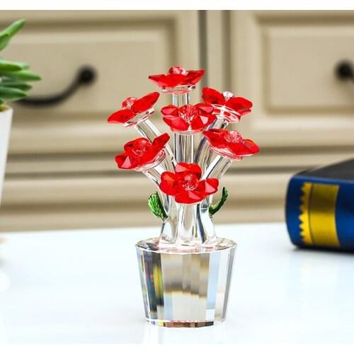 RED CRYSTAL SUNFLOWER FIGURINES MINIATURE GLASS CRAFT UNFADING BOUQUET SCULPTURE ORNAMENT WEDDING LADY GIFT HOME TABLE DECOR