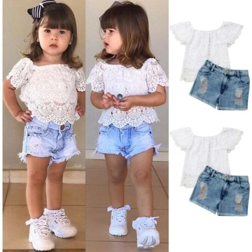 2020 Baby Summer Clothing Kids Baby Girl Outfit Clothes 2PCS Sets Lace Floral Tops Shirts +Ripped Denim Short Pants Outfits 1-6Y