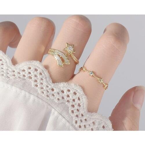 Cute Open Design Meteor Star Ring for Women Adjustable Shining CZ 14K Real Gold Rings Bague Romantic Anillos Bijoux Accessories