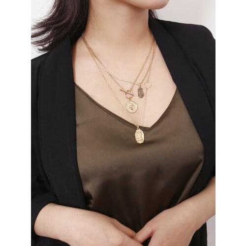 Rongho Multi layers Metal Human head chokers necklace Gold coin circle pendant necklace Vintage chains face necklace