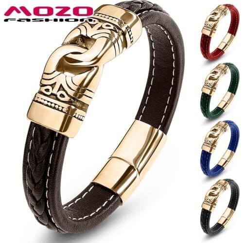 Men Leather Bracelet Handmade Trendy Stainless Steel Clasp Wrist Band Brown Bangles