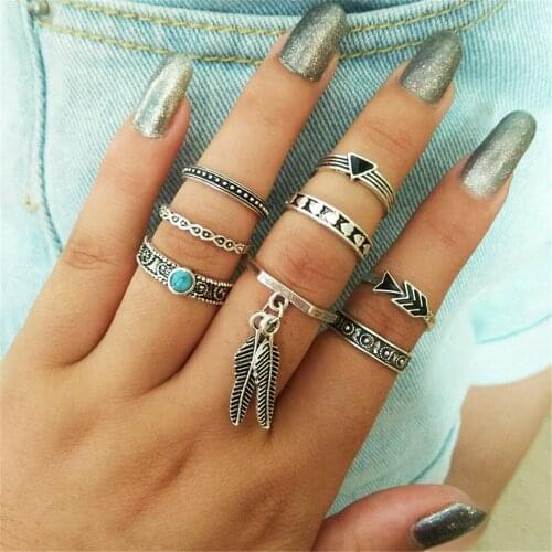 Bohemian Midi Knuckle Ring Set Women Crystal Gem Crown crescent Geometric Finger Rings Vintage Jewelry