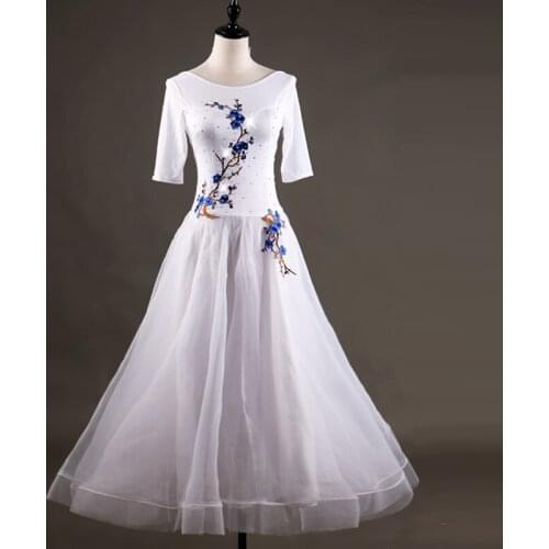 FANCY White Modern Dance dress Embroidery Ballroom Dancing Dress half sleeve one piece dress