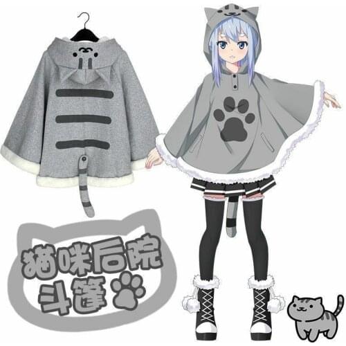 Neko Atsume Cute Cat Backyard Anime Kawaii Warm Cloak Sweat Hooded Coat Capes Cosplay Costume Grey Jacket Hoodie