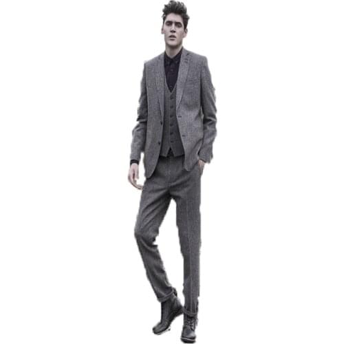 2020 New Arrival Grey Tweed Casual Men Suit Slim Fit 3 Piece Winter Tuxedo Custom Blazer Groom Prom Suits (Jacket+Pants+Vest)