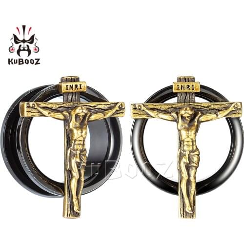 KUBOOZ New Arrival Stainless Steel Gold Jesus Cross Earring Plugs Tunnels Piercings Body Jewelry For Gift