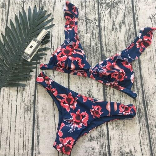 Beach Wear Ladies Bikinis Set Sexy Swimwear Maillot Halter Swimming Suit for Women Swimsuit with Ruffles Printed Strapless 2018