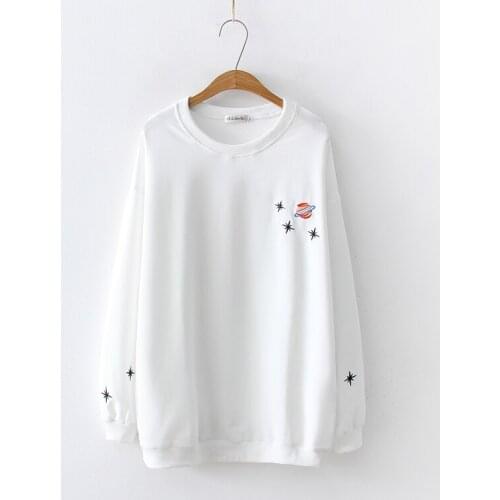 Plus Size Womens White Black Spring Long Sleeved Hoodies Casual Embroidery Sportswear Pullovers