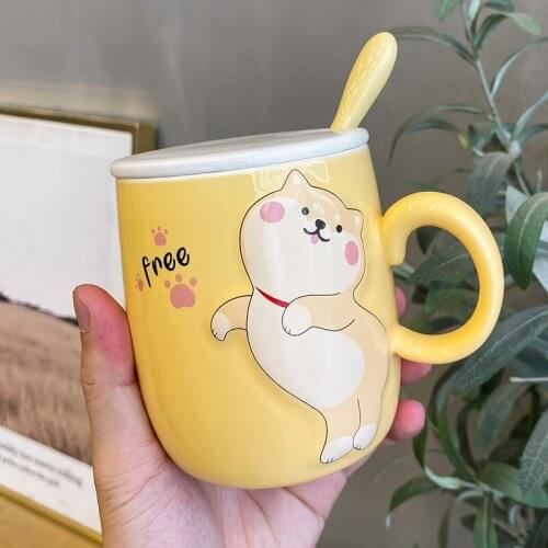400ML Cute Shiba Inu Ceramic Mugs Cartoon Puppy Coffee Mug Creative Student Milk Breakfast Cup with Lid Spoon Ladies Office Cups