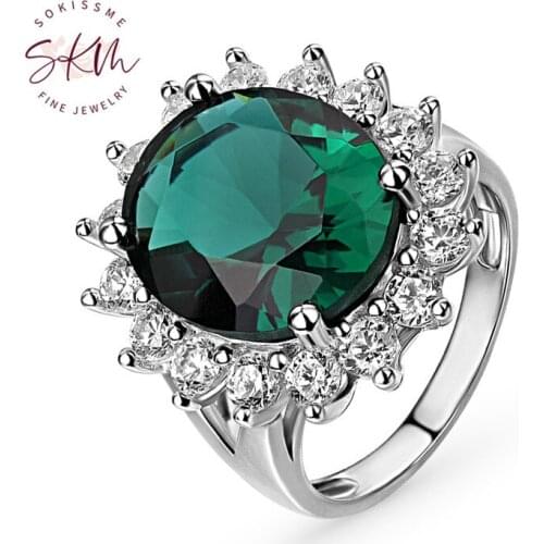SKM Rings For Lady 14k white gold flower emerald rings for women Anniversary Promise Luxury Fine Jewelry