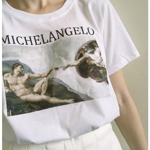 Sunfiz YF Unisex Women Tumblr Fashion Vintage Graphic Tee Michelangelo Cappella Sistina Art Print White T-Shirt Aesthetics Top