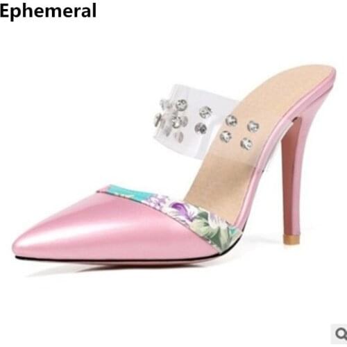 African Party Wedding Shoes Super High Heels 10cm Larger Size 34-47 Printed Flowers Slides Pointed Toe Clear Diamond Sexy Wine