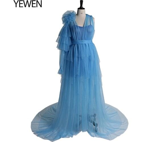 One Shoulder Sleeve Tulle Maternity Dress with Sling lining Maternity Dress for Photo shoot or Baby shower 2021 YEWEN