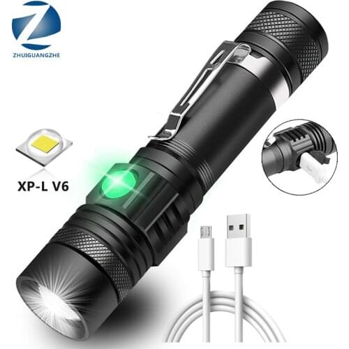 V6 LED Lamp Beads Ultra Bright LED Flashlight With XP-L Waterproof Torch Zoomable 4 Lighting Modes Multi-Function USB Charging