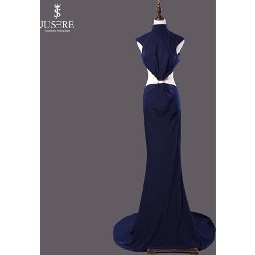 Velour Navy Blue Prom Dresses Long Straight High Collar Sleeveless Sweep Train Backless Floor Length Prom Dress Party Dress 2019