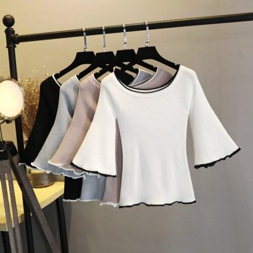 Women Spring Autumn Ice Silk Knitted Crop Tops Female Fashion O Neck Flare Short T-shirts Black White Red Basic Bottoming Shirts