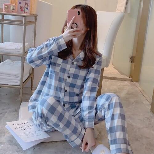 Women Pajamas Sets with Pants Long Sleeve Turn-down Collar with Pocket Pyjama Gray Plaid Cute Cartoon Button Top+Pants Suit