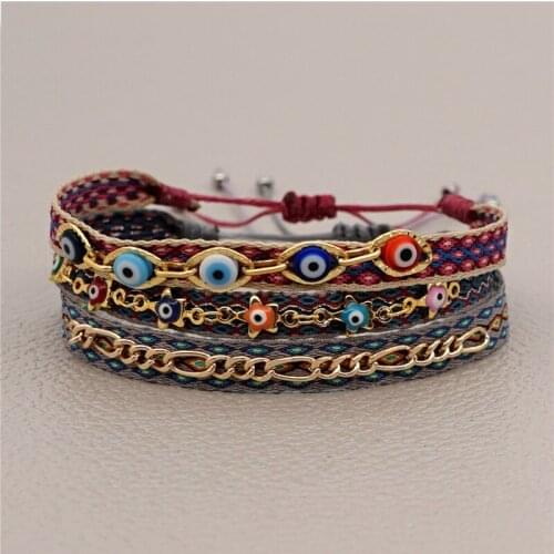 Vintage Boho Ethnic Cute Eye Gold Color Chain Bracelet For Women Beaded Braided Rope Wrap Bracelets Trendy Female Jewelry 2021