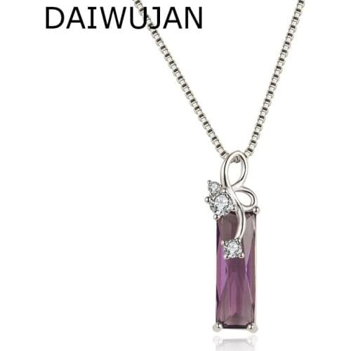 DAIWUJAN Romantic Amethyst Pendant Necklaces Female Silver Chain CZ Rectangle Blue Crystal Womens Necklace Wedding Jewelry Gift