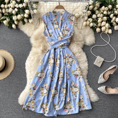 SINGREINY Women Sweet Floral Dress French Elegant V Neck Sleeveless A-line Dresses Summer Bohemian Vacation Print Sundress