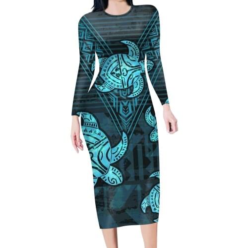 HYCOOL Trendy Woman Hawaii Floral Long Sleeve Dress Polynesian Tribal Elegant Casual Style Round Collar Dresses 2021 Autumn