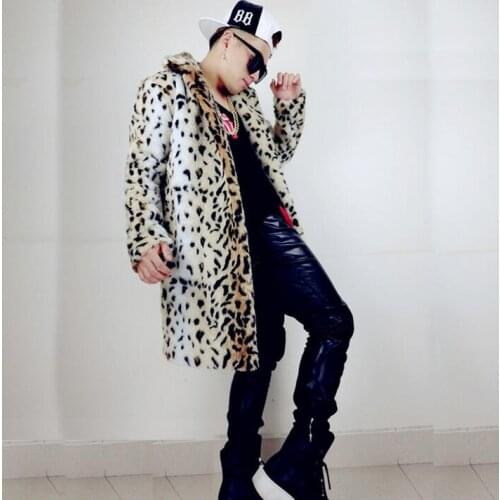 Winter thicken thermal leopard print leather jacket men casual mens faux fur coats lovers design fashion fur overcoat fashion